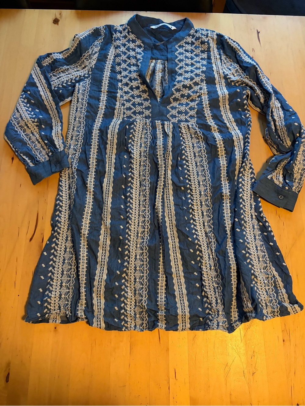 Zara Blue and White Embroidered V-Neck Tunic